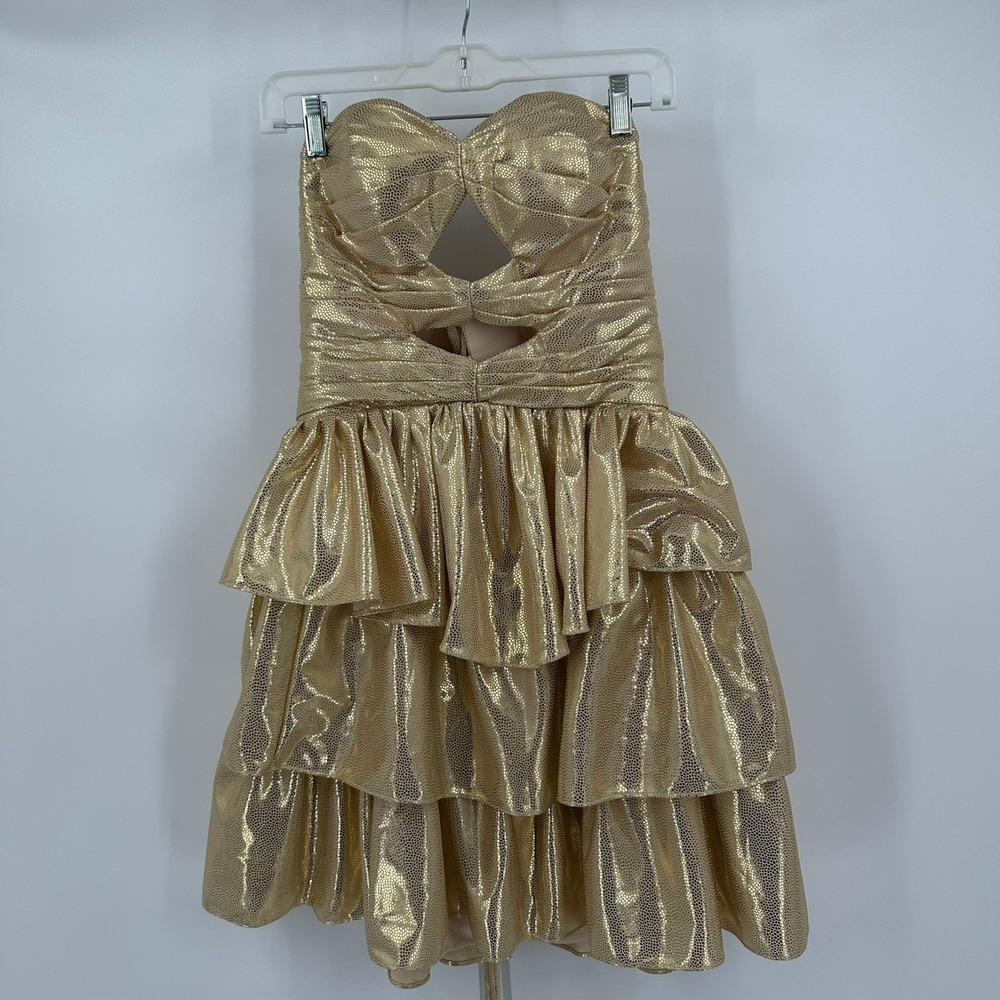 Gold Metallic Strapless Tiered Ruffle Mini Dress Size 8 Lace Up Corset Back HOCO